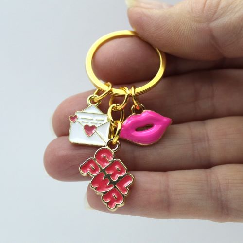 Pink Girl Power Keyring with GRL PWR, Pink Lips, Love Letter Charms